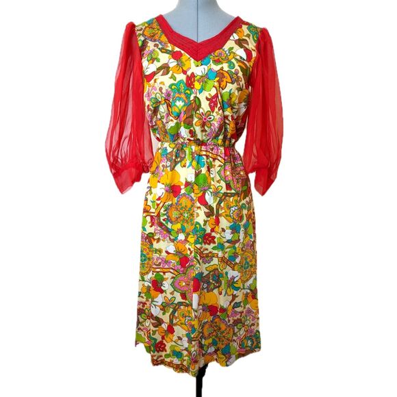 Vintage "Flower Power" 60s/70s Chiffon Sleeve Blouson Midi Dress, Size 8/10 - Picture 1 of 12